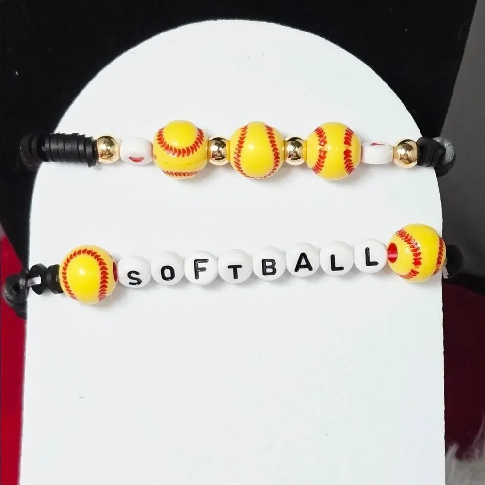Softball Heishi Charm Bracelet Stack Set 2 Team Spirit Black White Yellow Ball